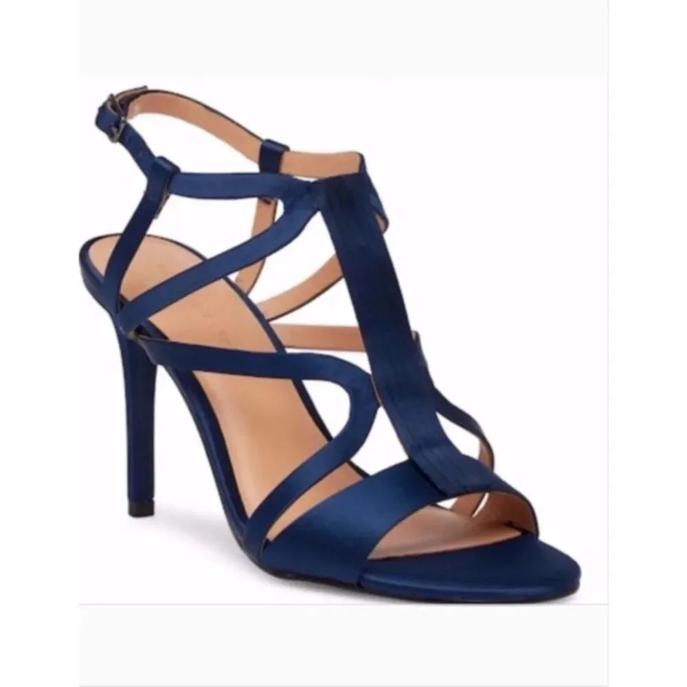 ~ NEW* 10 Halston Heritage Bette Strappy Stiletto Heels Blue Navy Satin Pumps* - Picture 1 of 16